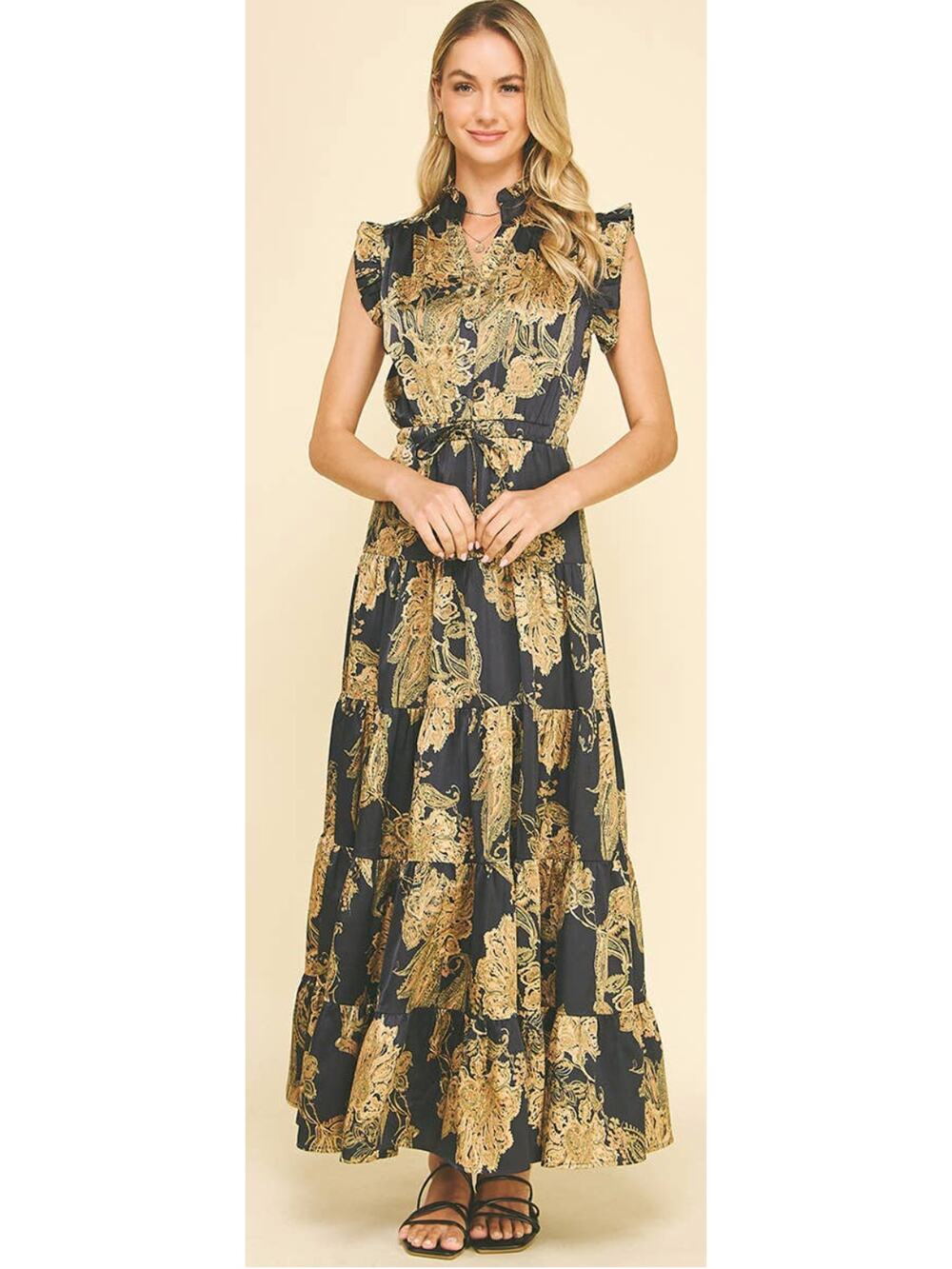 Pinch Floral Print Tiered Maxi Dress Black Womens Size Small New Ruffle
